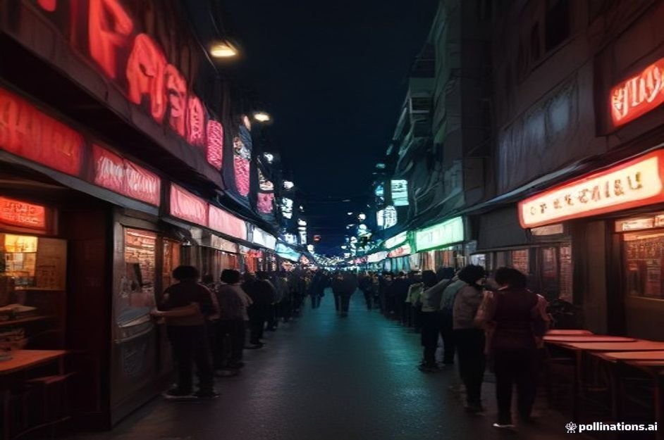A vibrant nighttime street scene in Hongdae Seoul with colorful neon lights, crowded footpaths, dynamic youth culture atmosphere, clear ligh