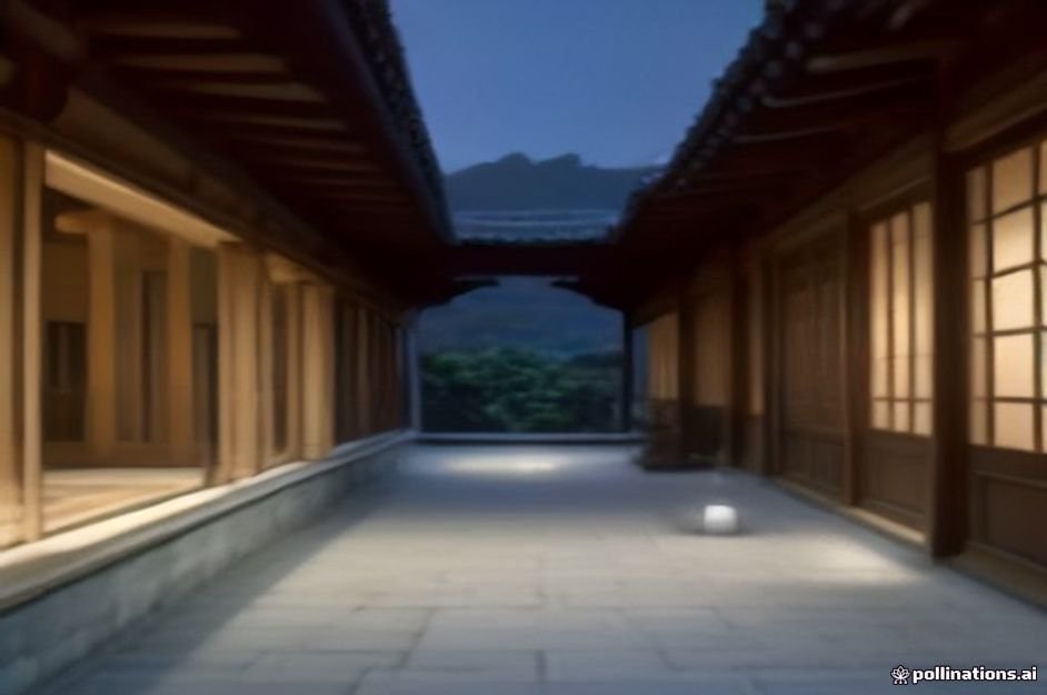 Exterior view of a traditional Korean Hanok villa in Jeonju Hanok Village with a tranquil garden courtyard and warm modern lighting at dusk