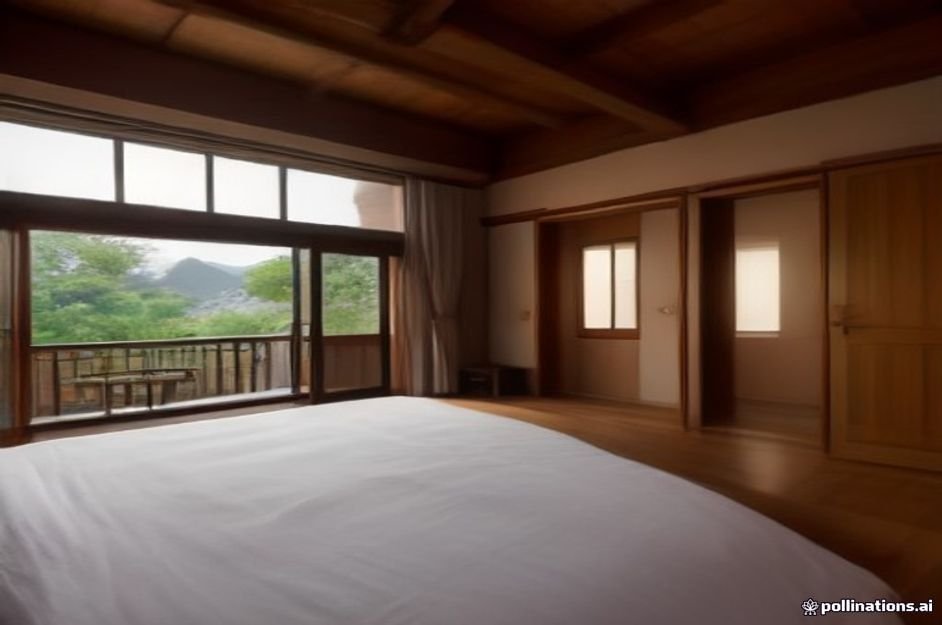 A serene interior view of a modern renovated Korean traditional Hanok stay featuring exposed wooden beam ceiling, warm ambient lighting, a c
