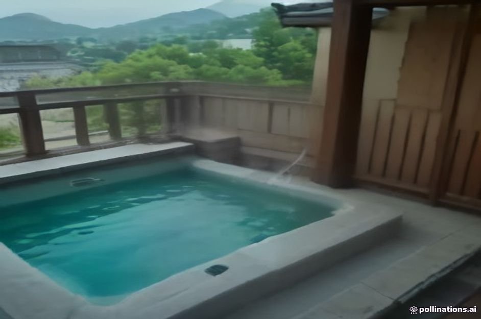 An aesthetic private stone jacuzzi bath inside a traditional Korean Hanok with wooden pillars, soft warm steam rising, looking out to a sunl