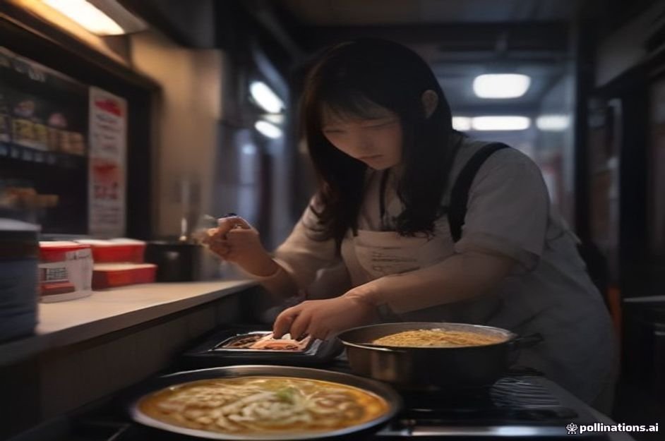 A traveler using an automated induction instant ramen cooker at a Korean convenience store near the Han River in Seoul at night, high detail