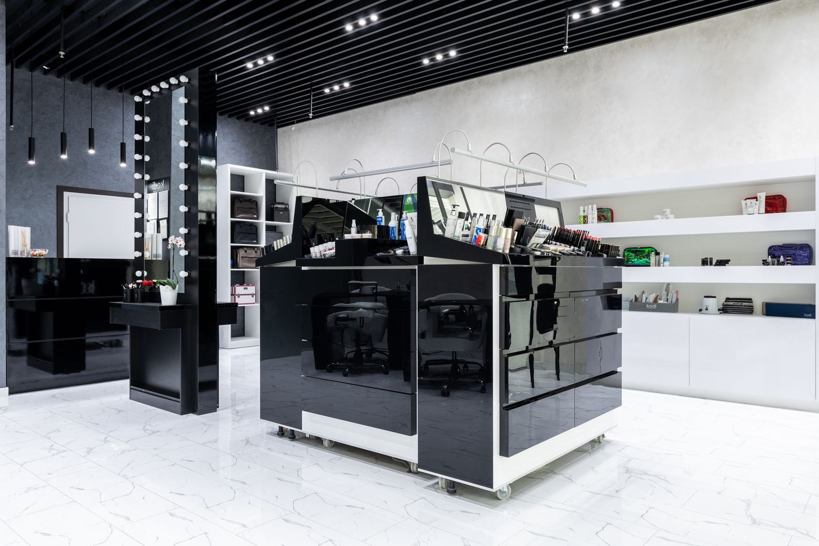 Modern cosmetic store with sleek display units and shelving, showcasing products in a stylish interior